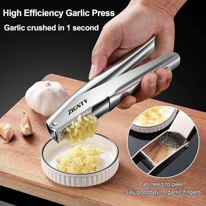 Professional Garlic Press Stainless Steel,Garlic Mincer Large Trough | No Need to Peel, Efficient Garlic Crusher & Ginger Presser, Ergonomic Labor-saving Handle, Easy Squeeze, Dishwasher Safe