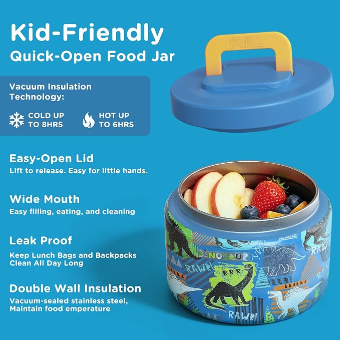 JXXM Bento Lunch Box for Kids With 8oz Soup thermo,Leak-proof Lunch Containers with 5 Compartment,thermo Food Jar and Lunch Bag, Food Containers for School (A-Blue(Dinosaur))