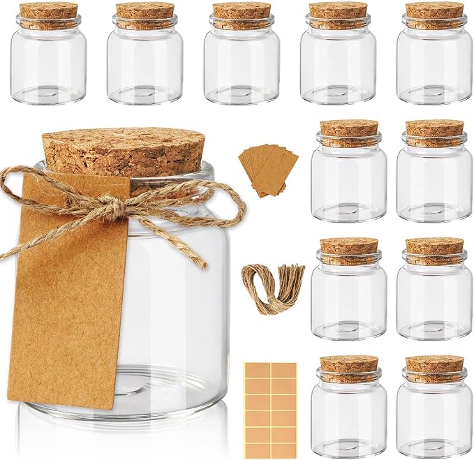 OurWarm 12 Pack Mini Jars with Lids, 1.7OZ Small Glass Bottles with Cork Tag Label and Twine, Versatile Small Glass Jars for Candy Potion Spice DIY Crafts Gift Birthday Wedding Party Decorations