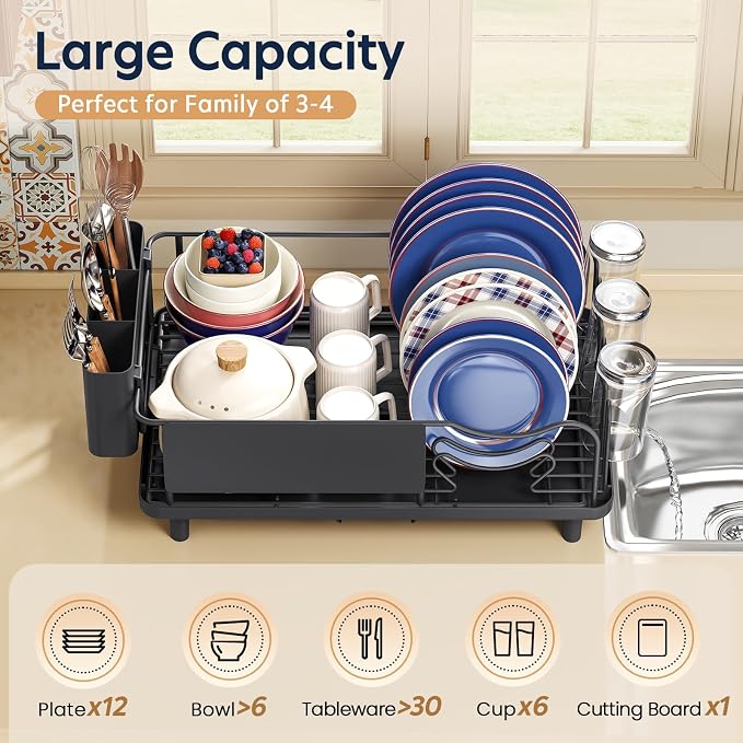 KINGRACK Dish Drying Rack for Kitchen Counter, Dish Drainer with Cup Holder | 16.9"L x 12.4" W Dish Rack with Spacious Drying Capacity, Quick Auto Dish Drainer for Plate Dish Dinnerware, Black