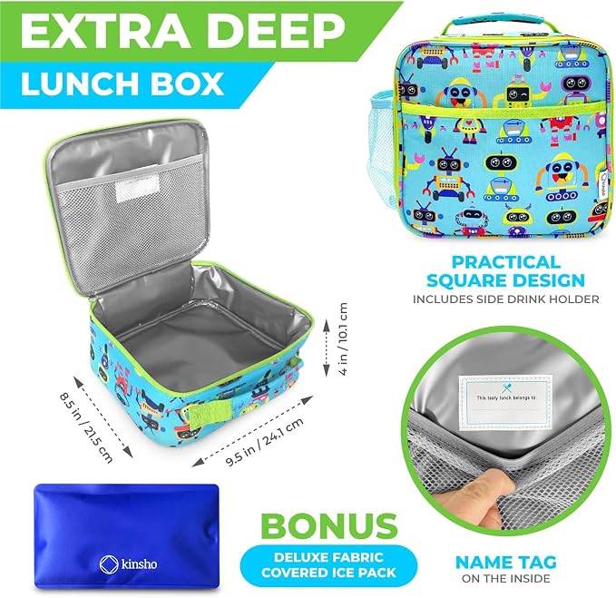 kinsho Bento Lunch Box and Insulated Bag, Water Bottle & Ice Pack Set for Kids Toddlers, 4 Portion Sections, Removable Tray, Pre - School Kid Toddler Daycare, Snack Container, Robot