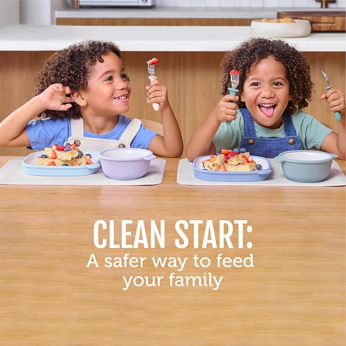 Ello Clean Start Ceramic Toddler Bowls with Sleeves, 2 Pack, Dewdrop/Grayed Jade