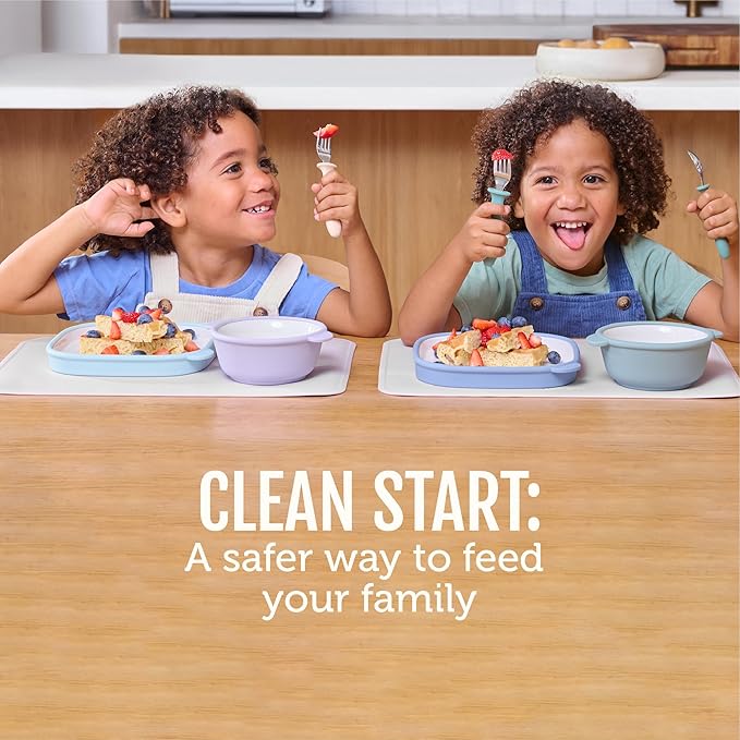 Ello Clean Start Ceramic Toddler Bowls with Sleeves, 2 Pack, Dewdrop/Sugarplum