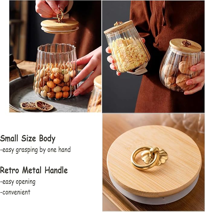 Glass Coffee Nuts Canister Airtight Jar with Bamboo Lid 23 FL OZ Small Oval | Sealed Kitchen Storage Jar, 700ml Petal Ribs Design Decorative Candy Coffee Container, Gold Metal Handle, Easy to Grasp