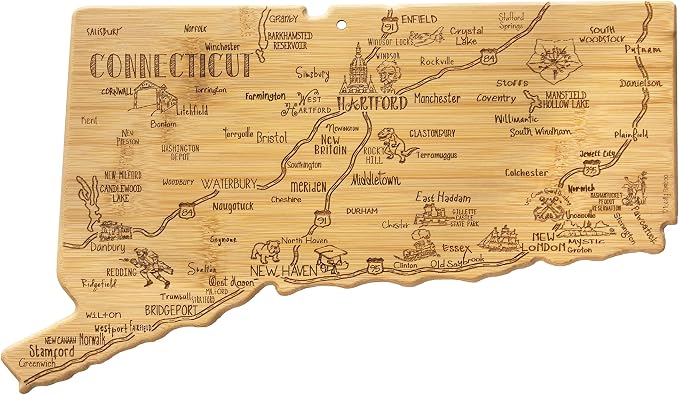 Totally Bamboo Destination Connecticut State Shaped Cutting Board | State charcuterie serving board with engraved map artwork. Smooth reverse side for food prep. Hang tie for wall display.