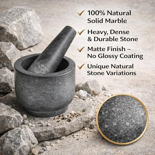 Marble Stone Mortar and Pestle, Grey | 3.75"X2.75" Mortar, 5"X1.5" Pestle, Grind Spices & Powder Pesto, Mash Herbs & Crush Pills, Regular Size