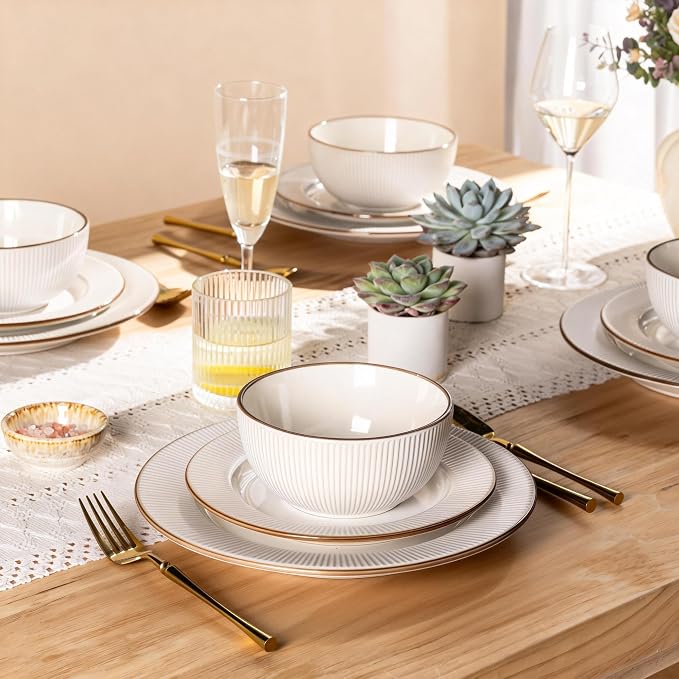 GBHOME Ceramic Dinnerware Sets,12 pcs Embossed Elegant Stoneware Plates and Bowls Sets, Housewarming Wedding Gift | Dishwasher & Microwave Safe | Dishes Set Service for 4 | Embossed Elegant Stoneware Dishes Set | Dishwasher & Microwave Safe | Service f...