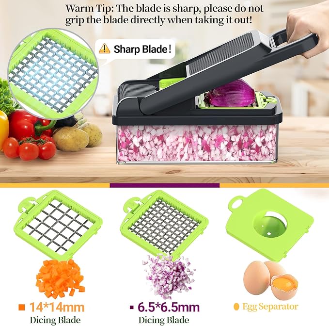 12-in-1 Vegetable Chopper 7 Blades, Veggie Cutter with Handle, Green/Grey | Stainless Steel Blades, Food Container and Lid, Dicer, Slicer, Julienne, Egg Separator, Non-slip Base, Include Cleaning Tools