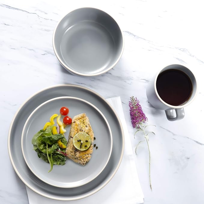 Gibson Home Zuma 16 Piece Round Kitchen Dinnerware Set, Dishes, Plates, Bowls, Mugs, Service for 4, Matte Stoneware, Grey, Gray