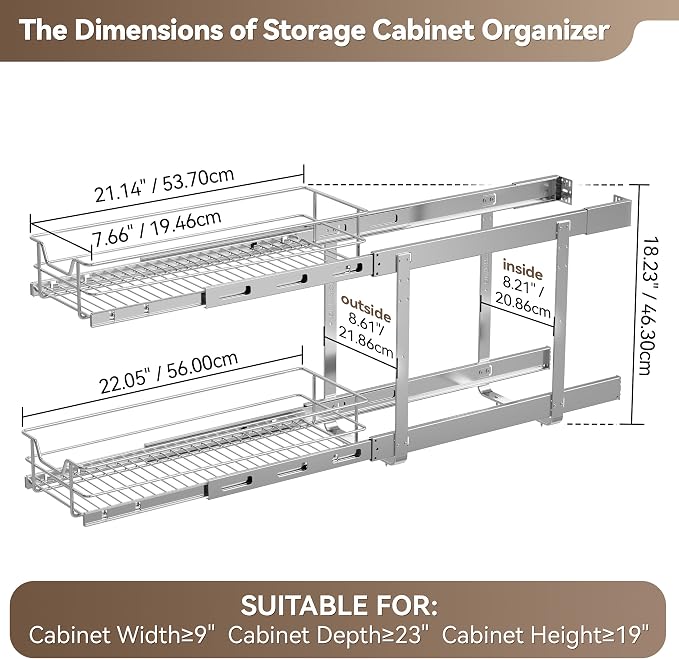 2 Tier Pull Out Cabinet Organizer 9" W X 22" D, Chromed, Full Slide Out | For Kitchen Organizers and Storage, Pull Out Drawers For Cabinets Capacity Heavy Duty Caddy, Cabinet Shelves, Bathroom Pantry