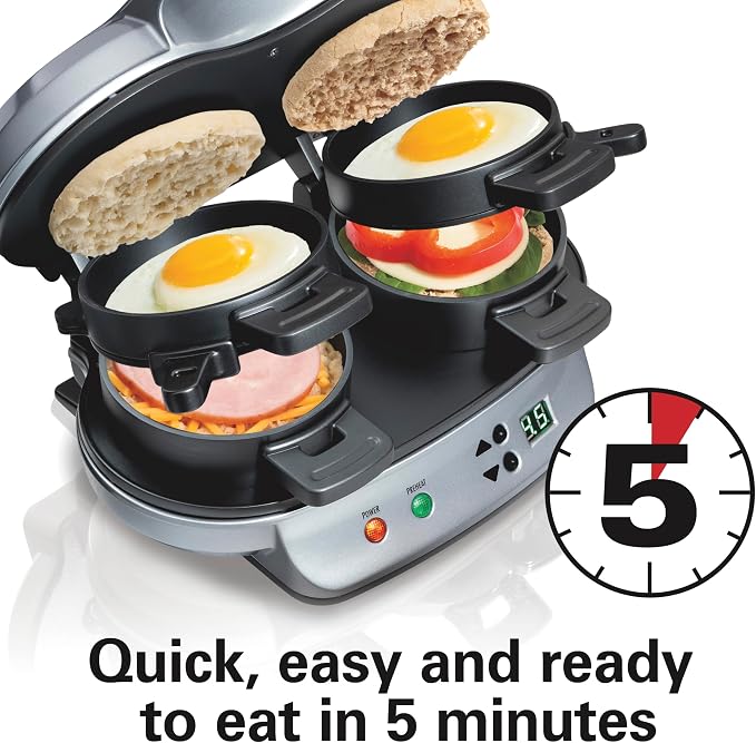 Hamilton Beach Dual Breakfast Sandwich Maker with Egg Cooker Rings & Timer | Perfect for English Muffins, Croissants, Mini Waffles | Customizable & Fast |PFAS-Free | Silver | 25490MNA