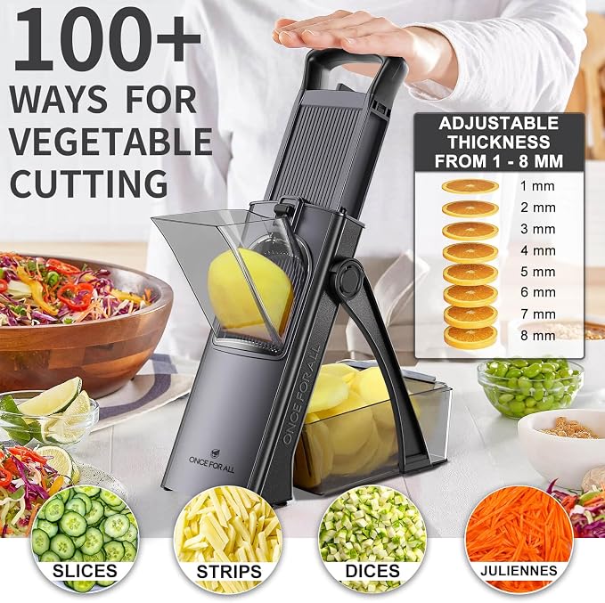 ONCE FOR ALL Safe Mandoline Slicer Plus with Peeler, Bigger Size, Black | 0.1-8mm Adjustable Vegetable Slicer, Potato Slicer Fries Cutter, Detachable Blade, Stainless Steel, Dishwasher-safe, Gift
