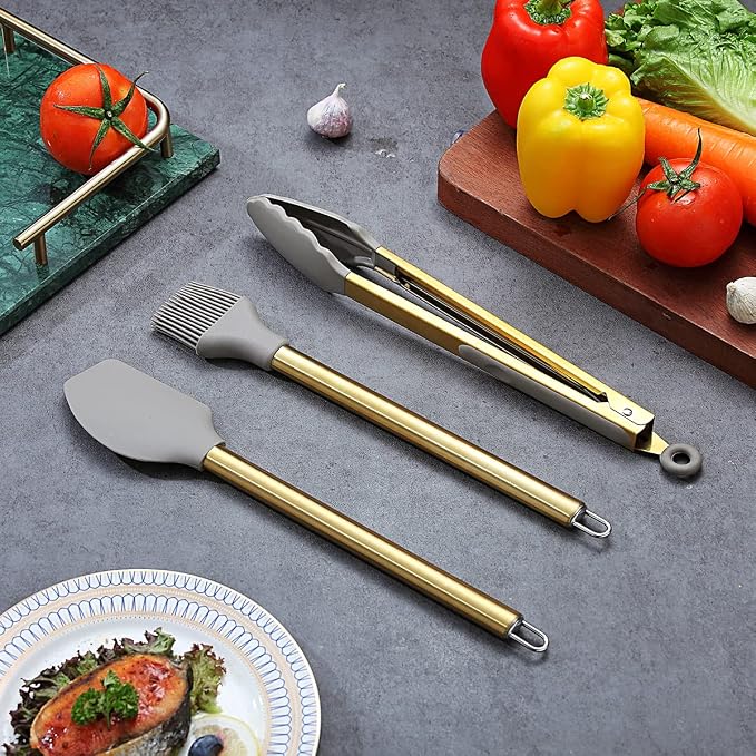 38 Piece Silicone kitchen Cooking Utensils Set with Utensil Rack, Silicone Head and Stainless Steel Handle Cookware, Kitchen Tools for Utensil Sets, Non-Stick kitchen Gadgets, Dishwasher Safe (Gold)