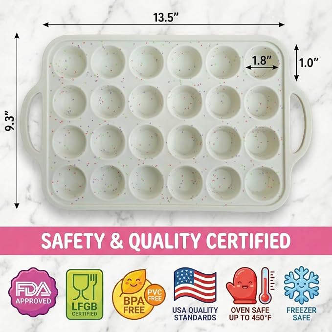 Silicone Mini Muffin Pan, 24 Cup 2 Pack with Metal Reinforced Frame | LFGB Certified BPA-Free Silicone Mini Muffin Pan for Baking with Nonstick Surface for Easy Release.