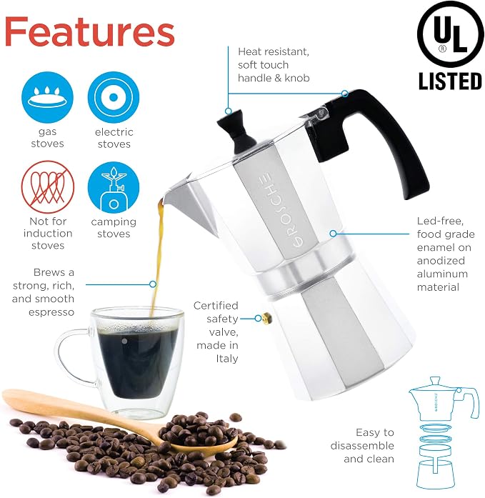 GROSCHE Milano Moka Pot | 9 Espresso Cup - 15.2 oz | Stovetop Espresso Percolator & Coffee Maker – Portable, Ideal for Home and Camping | Cuban Coffee Maker And Italian Moka Pot For Stovetop Espresso; For Gas, Electric, And Propane Stoves With A Soft-T...