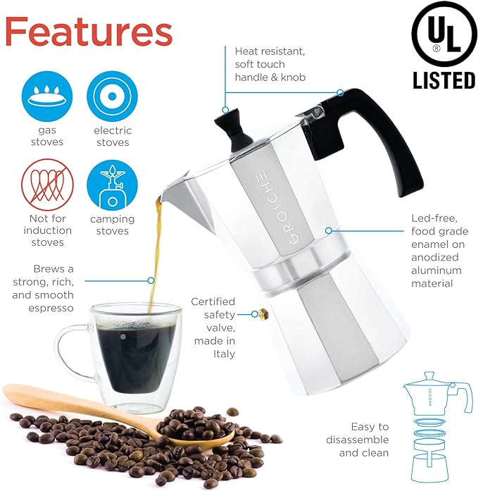 GROSCHE Milano Moka Pot | 3 Espresso Cup - 5 oz | Stovetop Espresso Percolator & Coffee Maker – Portable, Ideal for Home and Camping | Cuban Coffee Maker And Italian Moka Pot For Stovetop Espresso; For Gas, Electric, And Propane Stoves With A Soft-Touc...