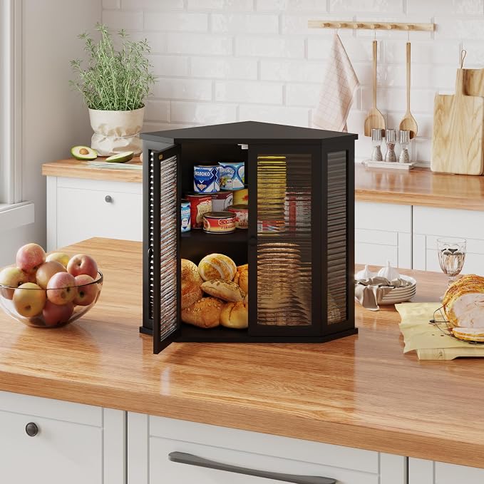 Corner Bread Box for Kitchen Counter, Black Bamboo Bread Box with Real Glass Door, Double Layer Space Saving Bread Storage for Homemade Bread