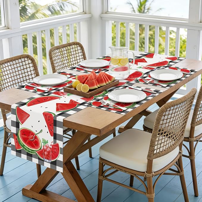 Bonhause Summer Watermelon Placemats Set of 4, 12x18 Inch Black White Buffalo Plaid Fruit Juice Kitchen Dining Table Mats Washable Place Mats for Indoor Outdoor Home Party Decor