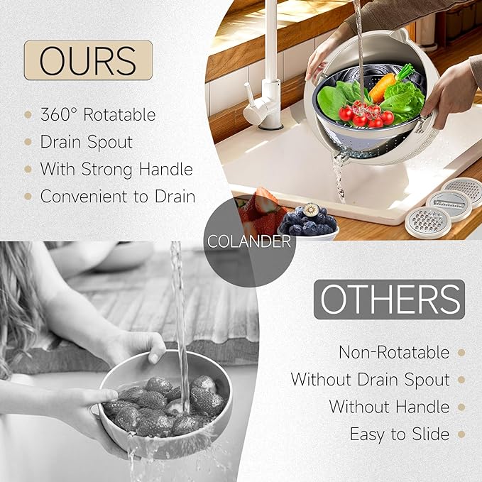 4-1 Colander with Bowl & Spoons Set - Rotatable Colander for kitchen with New Upgraded Graters, Food Strainer(Patented) for Pasta, Fruits, Vegetables, Funny Presents for Women, Beige