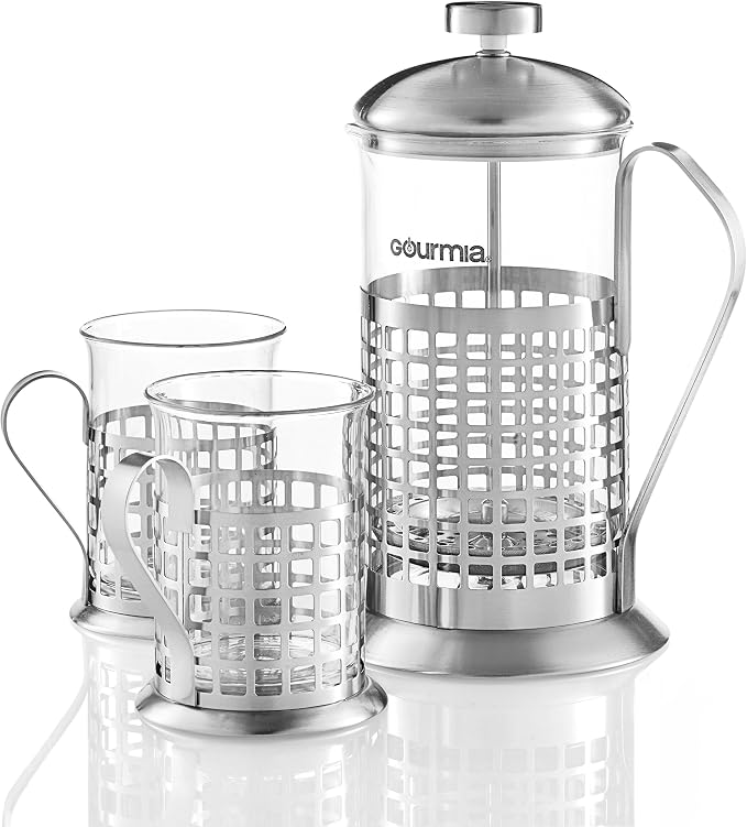 Gourmia GCM9830 French Press Coffee Maker Set 600 ml French Press Coffee Brewer With 2 Matching Stainless Steel Drinking Cups