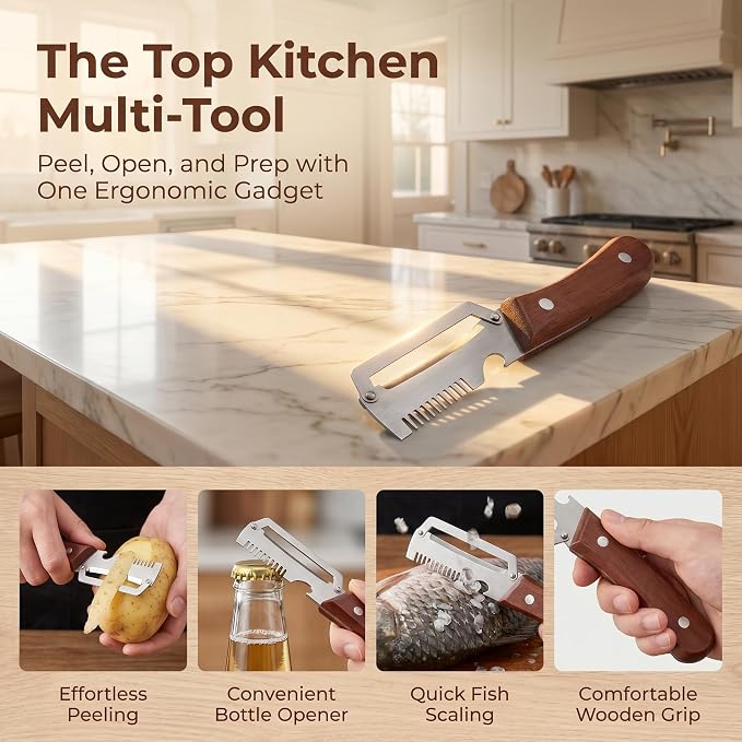 Multifunctional Vegetable Peeler - Vegetable Peeler with Bottle Opener, Stainless Steel Peeler with Wooden Handle, Fruit Peeler for Kitchen, Camping, Travel