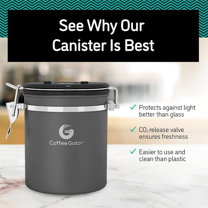 Coffee Gator Coffee Canister, 2Pack 22oz Stainless Steel Container | w/ Date Tracker, Scoop, Valve, Kitchen Food Storage Jars for Beans, Ground, Tea, Sugar, Cookie, Bar Accessories, Gray&Silver