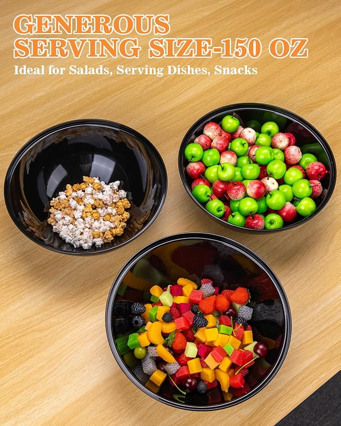 BESTVIP 150 Oz Black Plastic Serving Bowls, 4 Pack | 11.6-Inch Disposable & Reusable Bowls for Salad, Snacks, Chips & Candy, Stackable for Parties, Holidays & Meal Prep