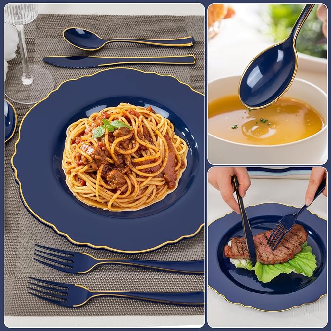 180PCS Blue Plastic Silverware -Blue and Gold Plastic Cutlery 60 Forks, 60 Knives, 60 Spoons - Heavy Duty Disposable Silverware for Party/Wedding/Birthday