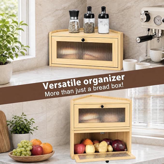 Sunhoo Bread Box for Kitchen Countertop Wooden Corner Breadbox Counter Food Storage Bin Container Farmhouse Rustic Homemade Bread Fresh Keeper Organizer Holder Vintage Stackable with Window (Yellow)