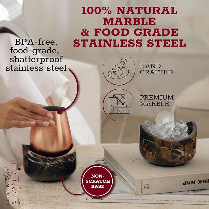 Gusto Nostro Marble Wine Chiller for Glass and Stainless Steel Tumbler Set of 2 - Wine Glass Chiller Holder for Freezer - Cool Set Chillers & Stemless Wine Metal Tumblers for Home,Bar (RoseGold Black)