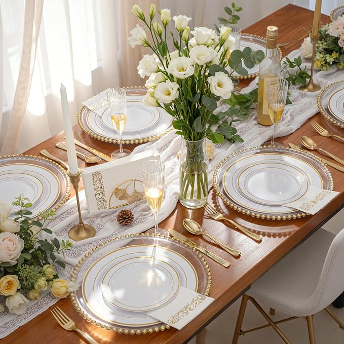 WDF300 Pieces Gold Plastic Silverware - Heavy Duty Disposable Cutlery Set Plastic Gold Silverware Set Includes 100 Forks, 100 Spoons, 100 Knives for Party/Baby Shower/Wedding/Birthday