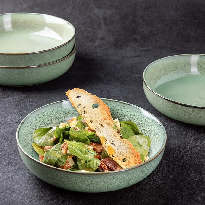 GBhome 8.75'' Large Ceramic Pasta Bowls, 38oz Stoneware Pasta Serving Bowls Set of 4 for Kitchen, Wide Bowls for Fruit,Pasta,Salad,Oatmeal,Meal, Microwave Safe, Reactive Glaze-Pastel Green