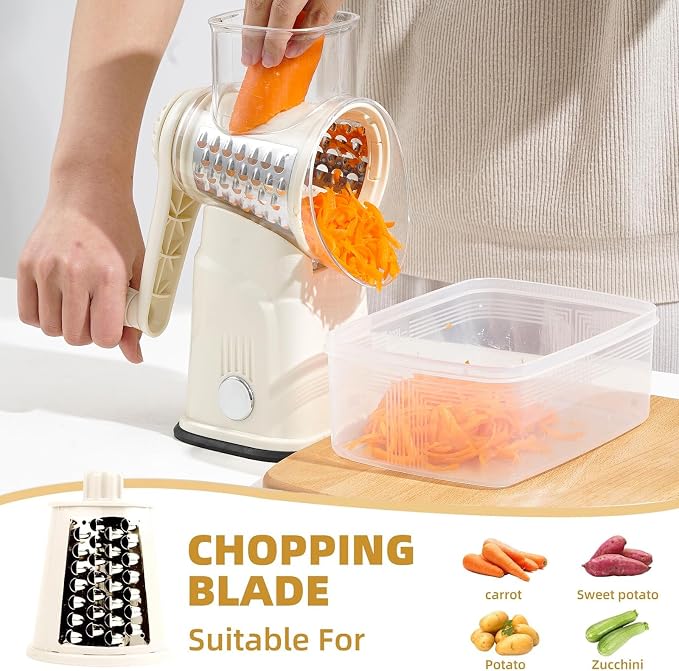Rotary Cheese Grater with Handle, 5 Replaceable Blades (Beige) | Strong Suction Base, Round Food Slicer & Chopper for Kitchen Fruit Vegetables Nuts with Blade Storage Box