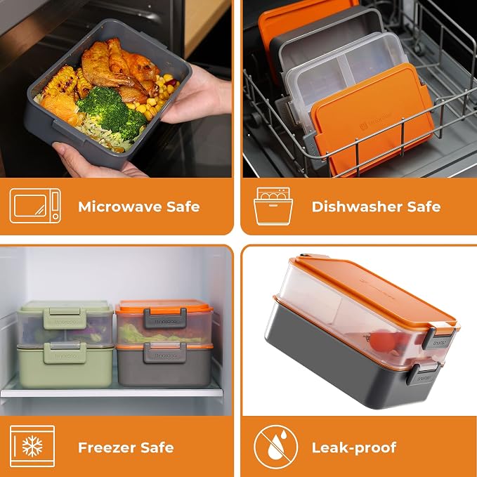 Stackable 2-Tier Adult Bento Box, 4 Compartments - Lava Orange | leakproof bento lunch box with fork & spoon + sauce cups, microwave/dishwasher safe, perfect for office, school & daily meals