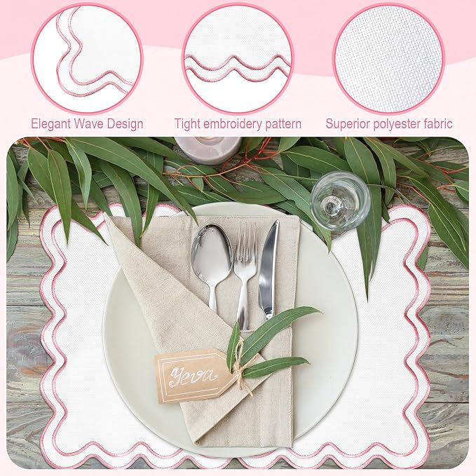 HunnmingRe White with Pink Set of 6 Cotton Linen Wedding Placemats, 13x19 Inch Scalloped Wavy Embroidery Placemat Double Layered Washable Rustic Rectangle Dinner Table Mat for Home Decor