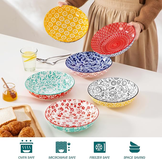 vancasso 8.5" Pasta Bowls Set of 6, 40 oz Porcelain Shallow Salad Bowls, Serving Bowls Pasta Dishes Plates Large Kitchen Bowl Plates, Vivid Floral Design, Microwave Safe, Series SELENE
