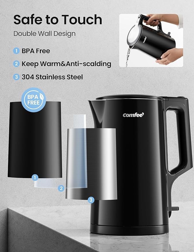 COMFEE' 1.7L Double Wall Stainless Steel Electric Kettle