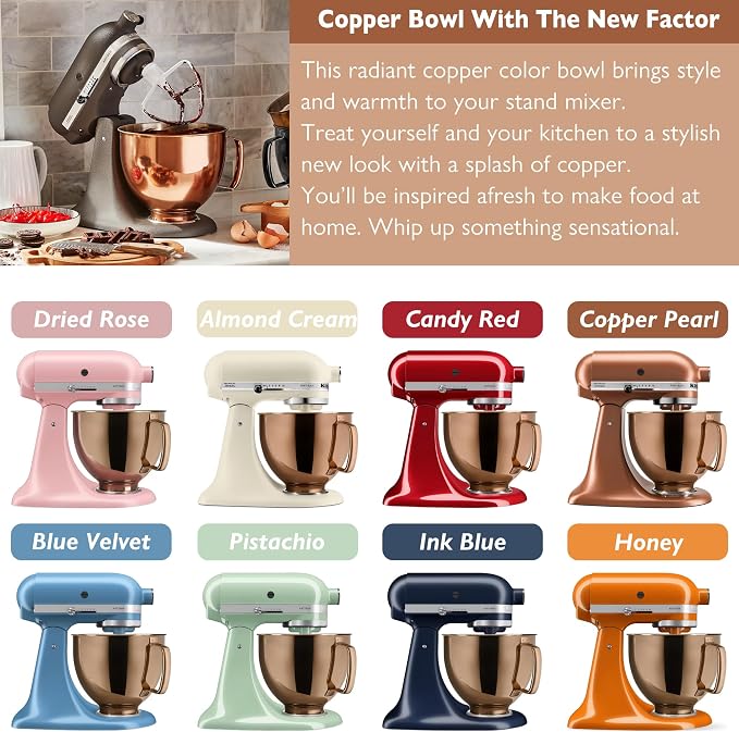 5 Quart Stainless Steel Mixer Bowl for Kitchenaid Classic&Artisan Tilt Head Mixer, Fit for KSM75, KSM90, KSM150, Radiant Copper, 1.75Lb, 0.8MM Thick, Heavy Duty, Dishwasher Safe, Ergonomics Handle