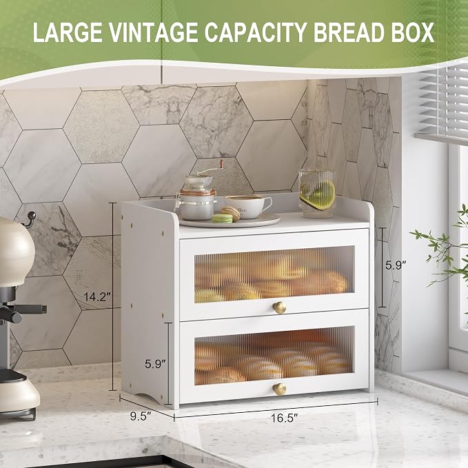 Large Vintage Bread Box for Kitchen Countertop Homemade Bread, White | Farmhouse Wooden Double Layer Breadbox Organizer Bread Holder Storage Container with Window