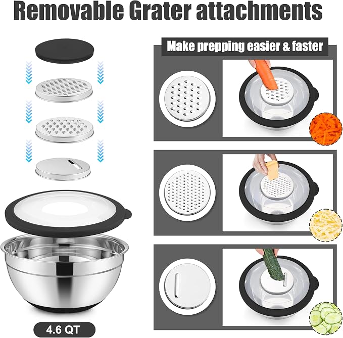E-far Stainless Steel Mixing Bowls with Lids & Colander, 15PCS | Nesting Mixing Bowl with Non-Slip Bottom & 3 Metal Grater, For Kitchen Prep Baking Storage, 4.6, 3, 1.5, 1, 0.7QT, Black