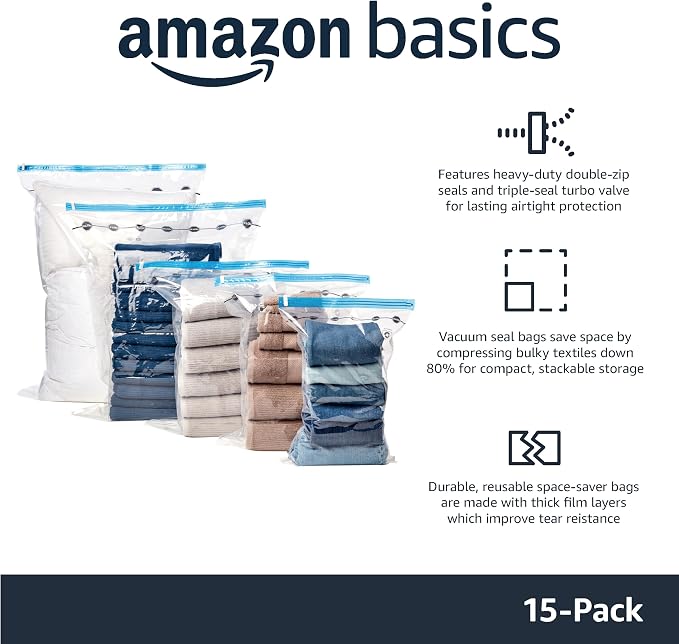 Amazon Basics Vacuum Storage Bags for Clothes, Compression Space Saving Storage Bags with Hand Pump, Reusable, Heavy-Duty Seal Protection, Multiple Sizes, White, 15-Pack