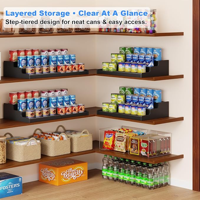3-Tier Expandable Bamboo Can Organizer for Pantry, Holds 24 Cans, Black | Adjustable Can Storage Rack for Pantry, Can Holder for Kitchen Cabinets, Canned Food Soda Organizer, Black (Patent Pending)