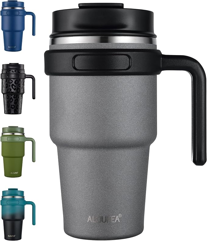 20 oz Insulated Travel Coffee Mug Tumbler with Handle and Straw | Leakproof Stainless Steel Coffee Cup with Lid, Double Wall Vacuum Ice Thermal Cup, Gray