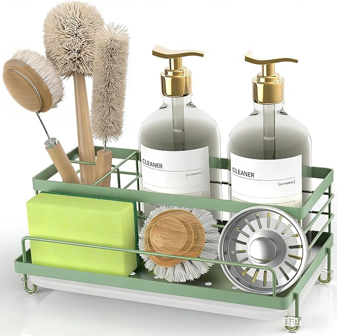 Cisily Sponge Holder for Kitchen, Sink Caddy Organizer, Kitchen Sink Accessories with Drip Tray, Rustproof and Non-slip Kitchen Sink Sponge Holder (Sage Green)