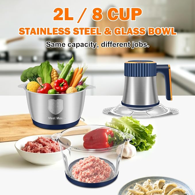 Food Processor, 5 Speed Meat Grinder with 2 Bowls(8 Cup+8 Cup), Blue | 4 Bi-Level Blades Electric Food Chopper, Mini Kitchen Cutter for Vegetable Onion Garlic Meat