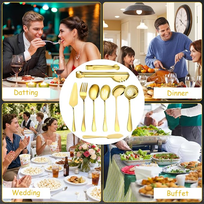 17 Pcs Gold Serving Utensils Set Include Stainless Steel Large Serving Spoons Slotted Spoons Forks Soup Ladle Pie Server - Metal Utensils for Parties Buffet Catering, Dishwasher Safe
