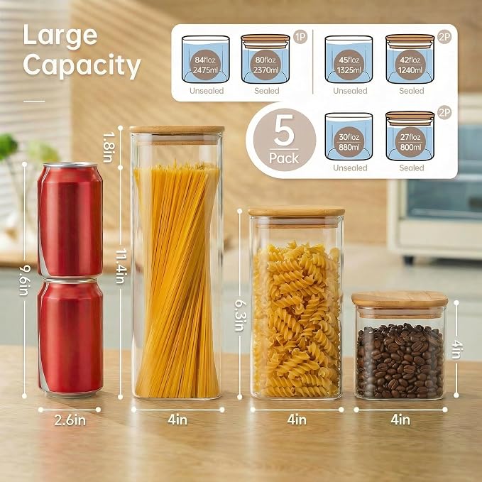 Square Glass Storage Containers with Bamboo Lids for Pasta & Flour, 5 Pack | 80oz/42oz/27oz Airtight Storage Jars for Pantry & Kitchen, Durable Borosilicate Glass Canisters Keep Food Dry & Fresh