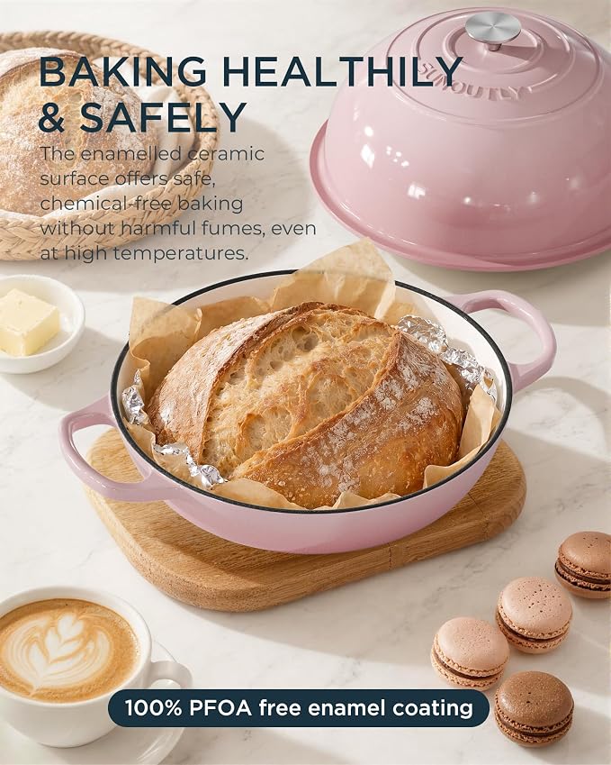 Enameled Cast Iron Bread Oven, 6QT Cast Iron Dutch Oven for Homemade Sourdough Bread Baking, Round Bread Pot with Dome Lid & Cotton Potholders, Gentle Pink