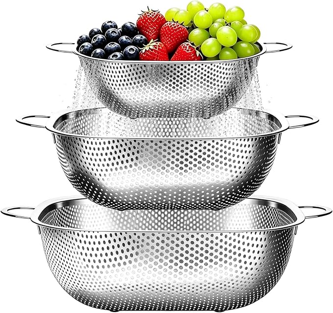 P&P CHEF Stainless Steel Colander Set, Strainers and Colanders for Kitchen | 3 Pcs Square Metal Colander Set, For Washing Draining Rinsing Spaghetti Fruit Food, Dishwasher Safe & Healthy, 2.4 / 4 / 6 Qt