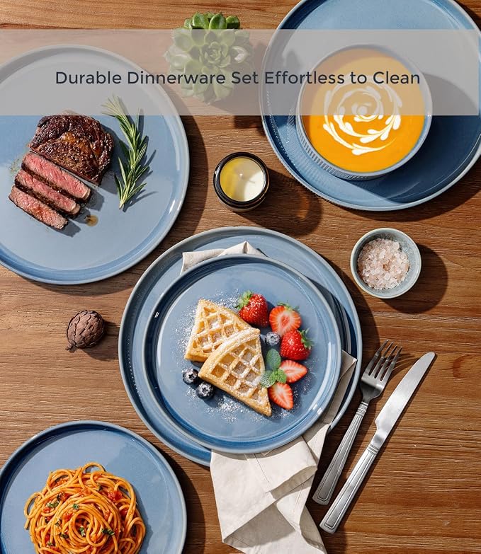 GBHOME Stoneware Dinnerware Sets for 4, 12-Piece Plates and Bowls Set | Handmade Reactive Glaze Ceramic Dish Set, Scratch Resistant, Dishwasher&Microwave Safe,Alaskan Blue